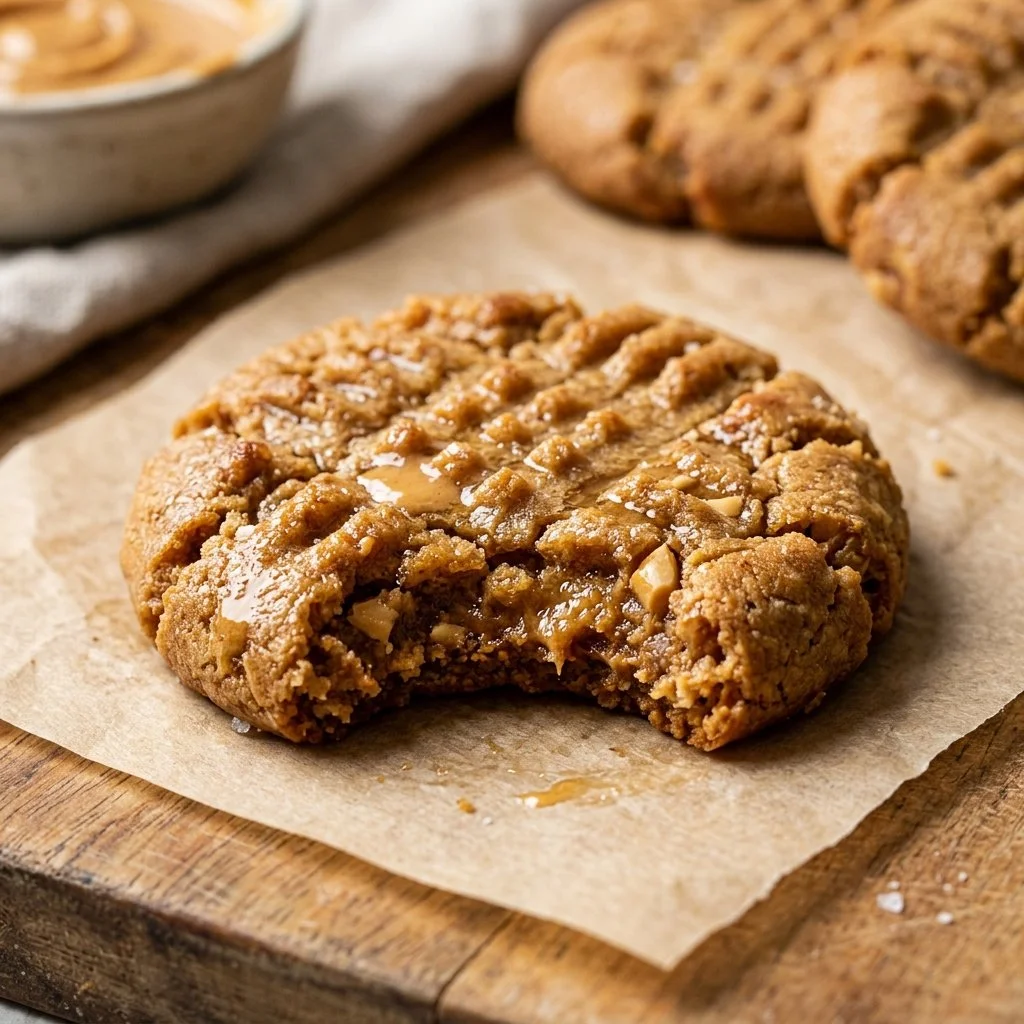 Delicious homemade peanut butter cookies on a rustic wooden table.