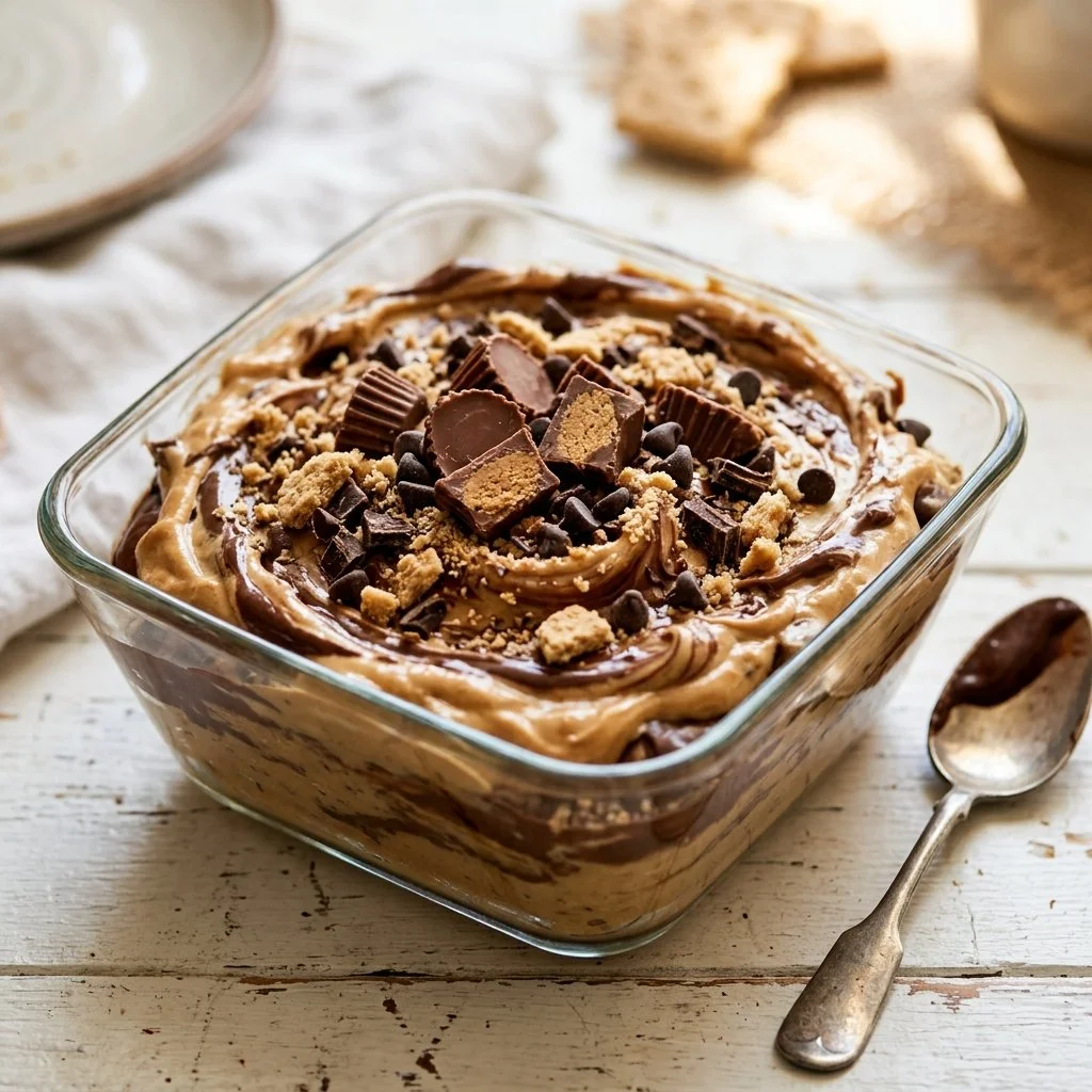 Creamy peanut butter cup dessert dip served with fresh fruits and pretzels