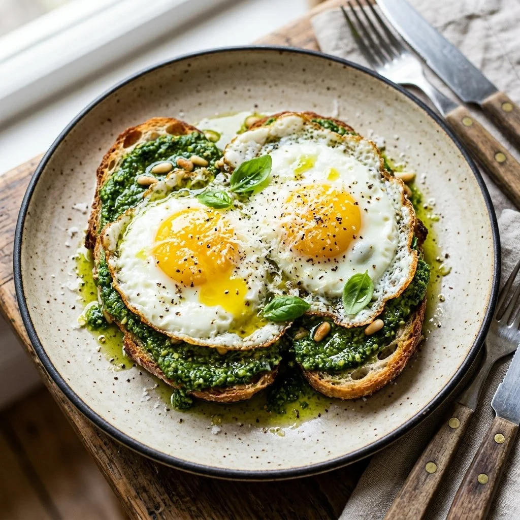 Plate of flavorful pesto eggs topped with fresh herbs and served with toast.