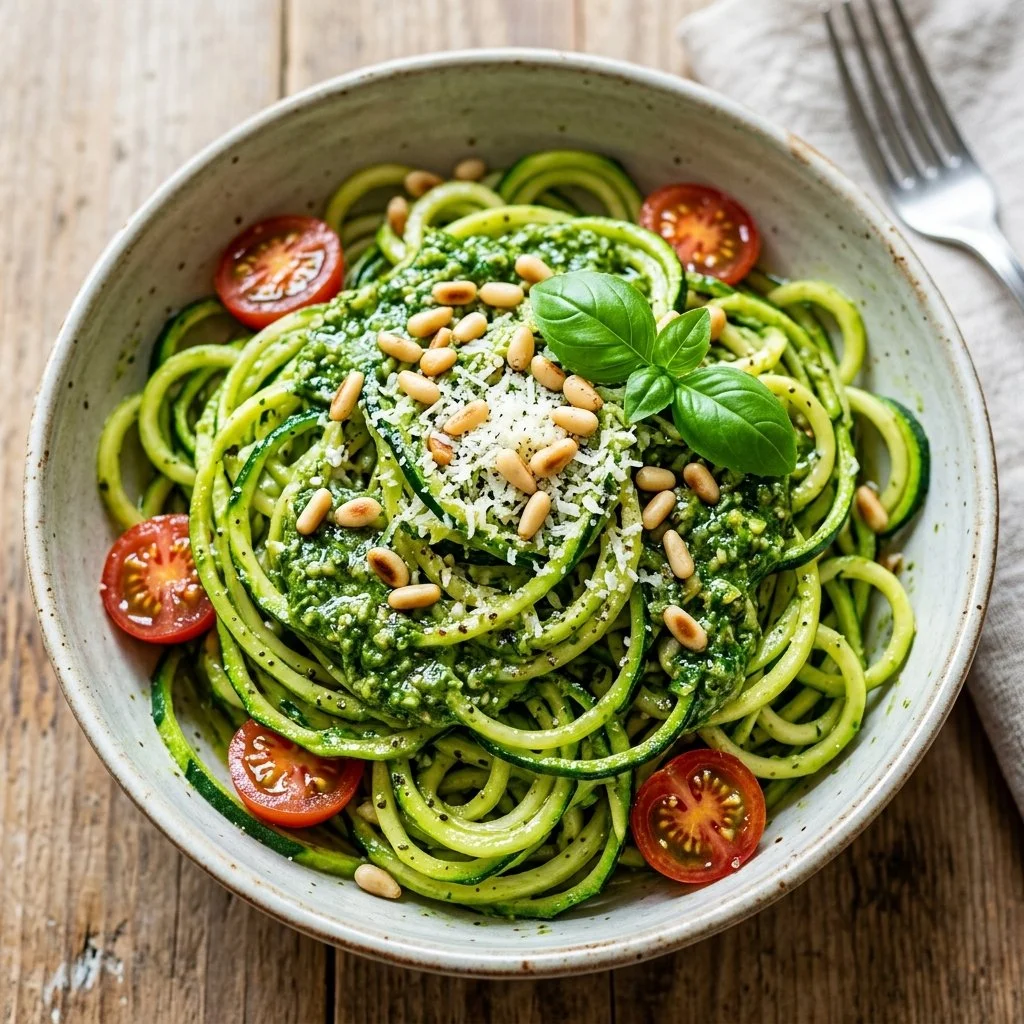 Delicious pesto zucchini noodles served in a bowl with fresh basil