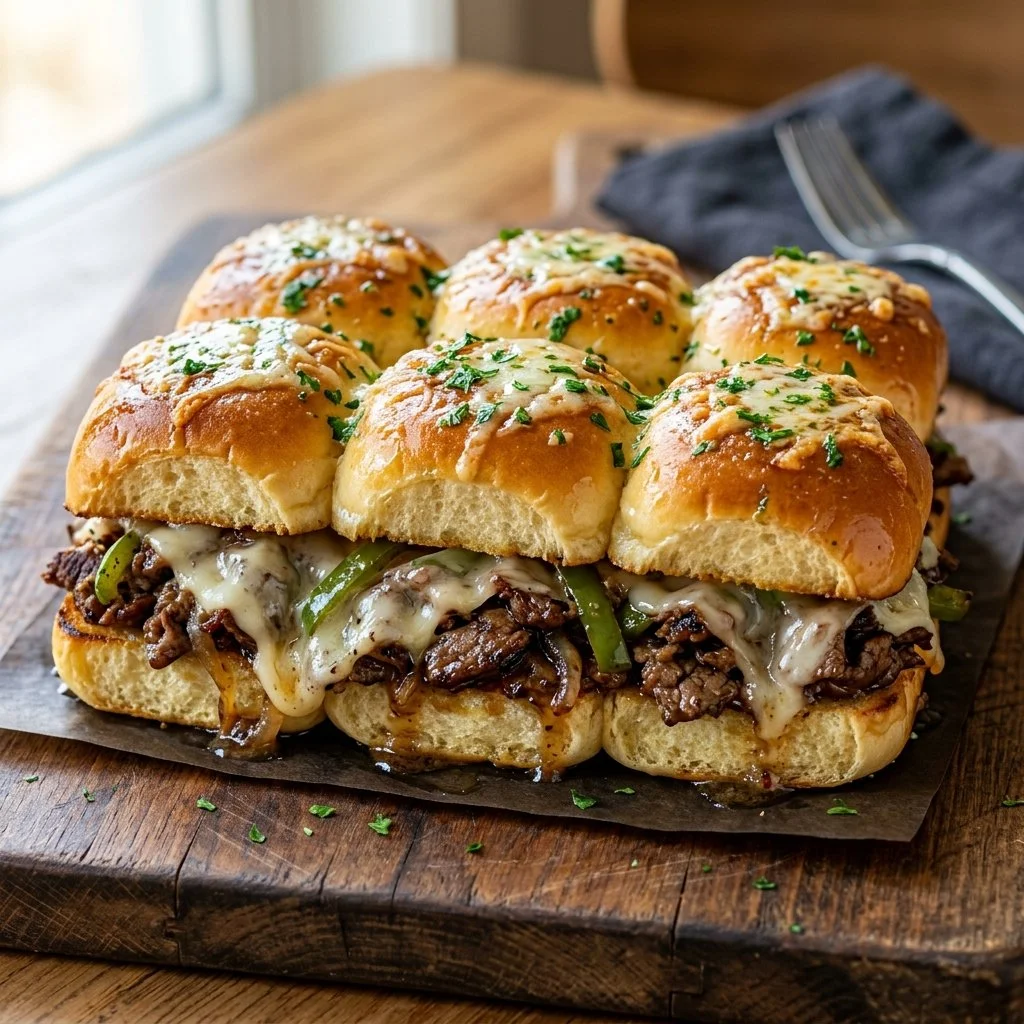 Philly Cheesesteak sliders with melted cheese and peppers on a plate