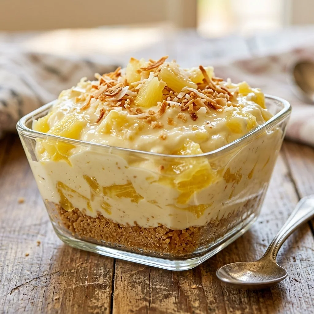 Delicious Pineapple Dream dessert topped with fresh pineapple slices and cream.