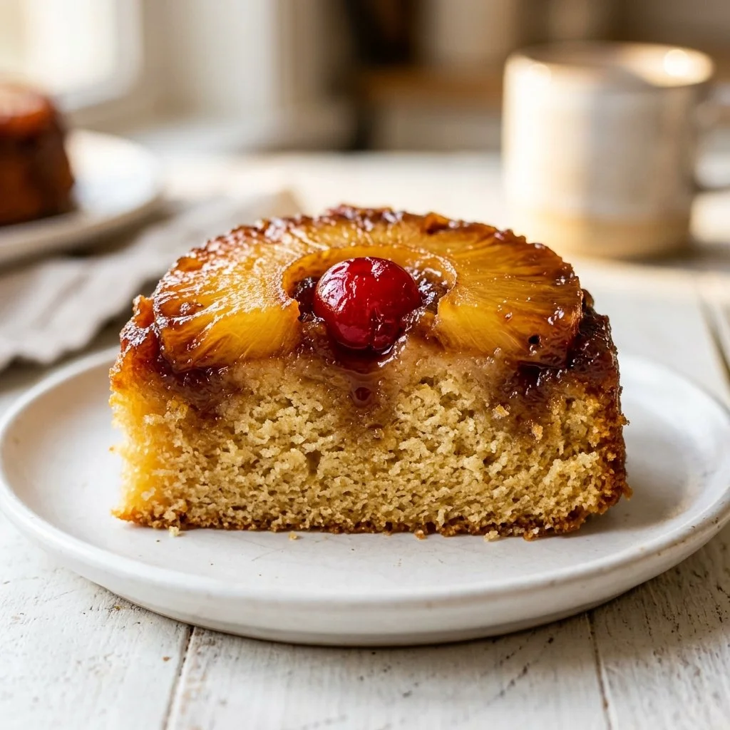Delicious homemade Pineapple Upside-Down Cake with caramelized pineapple topping