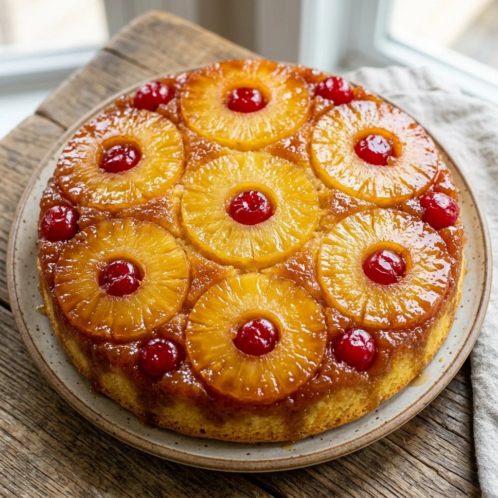 Delicious Pineapple Upside Down Cake with caramelized pineapples and cherries