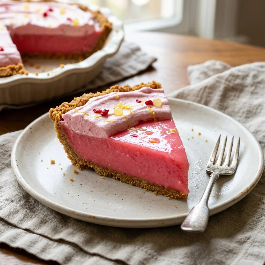 Delicious Pink Lemonade Pie topped with lemon slices and whipped cream.