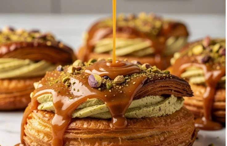Freshly baked Pistachio Cream Danish pastry with green pistachio filling.