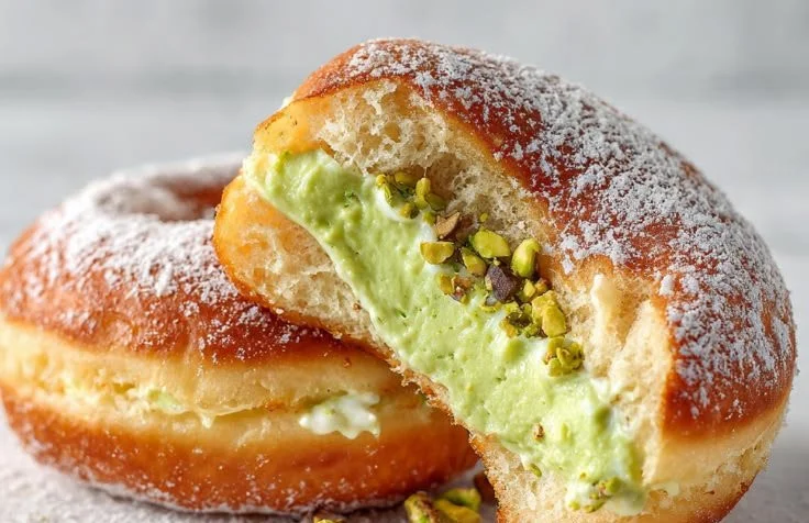 Delicious homemade Pistachio Cream Donuts topped with pistachio sprinkles.