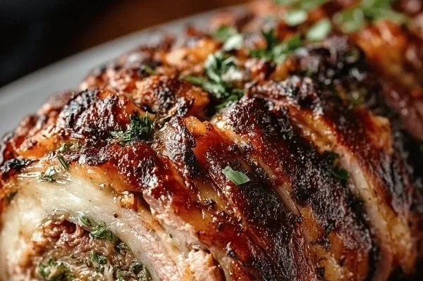 Juicy Porchetta Roast with crispy skin, served on a platter with herbs.