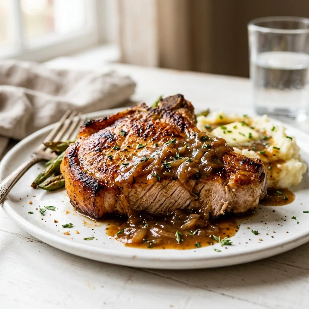 Juicy pork chops served with savory gravy on a plate