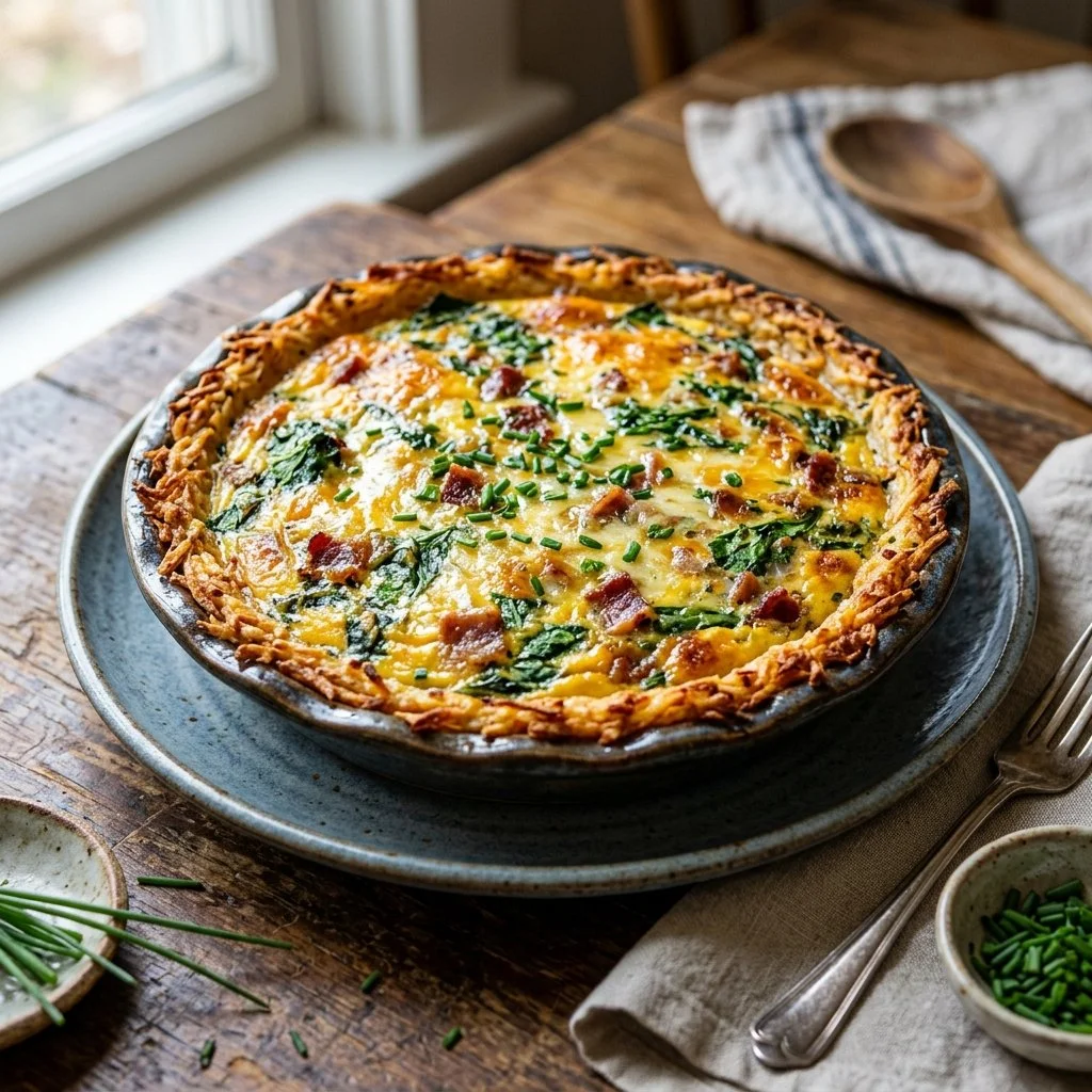 Delicious Potato Crust Quiche served on a rustic plate