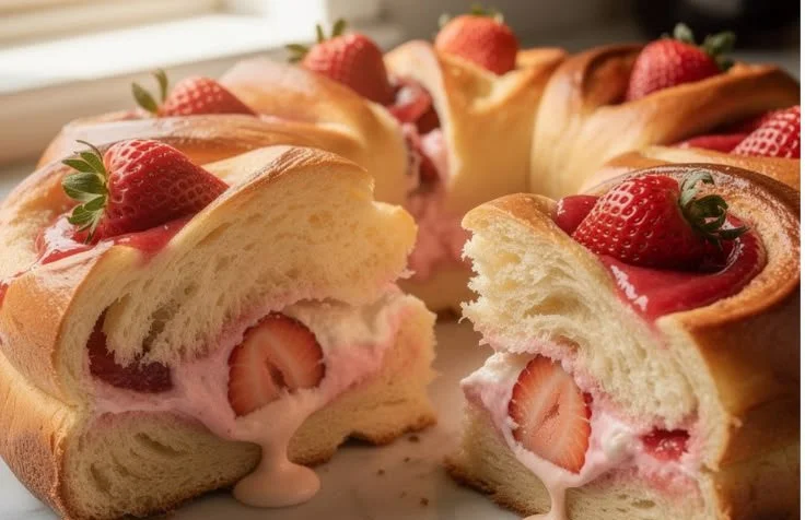 Pull-apart strawberry cream brioche layered with fresh strawberry cream.