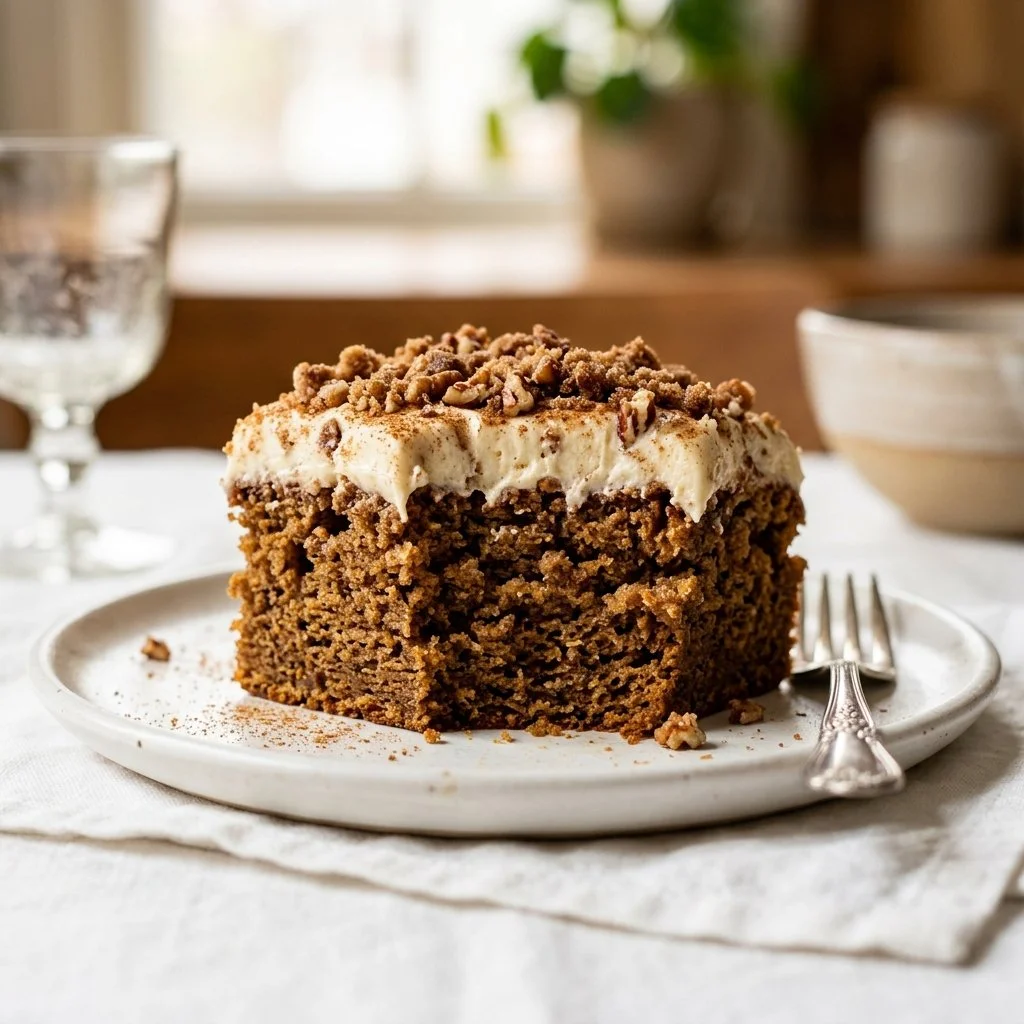 Delicious pumpkin-free spice cake with spices and icing on a plate