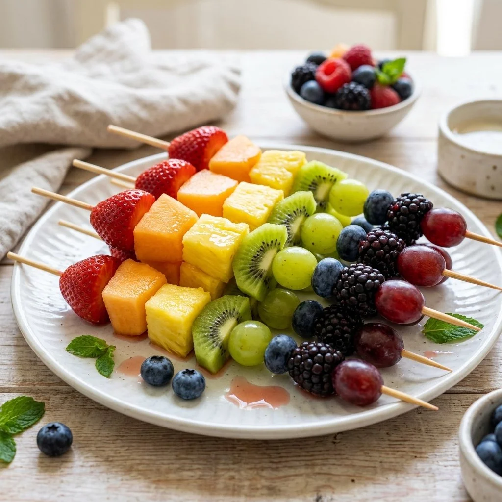 Rainbow fruit skewers with a variety of colorful fresh fruits on a stick