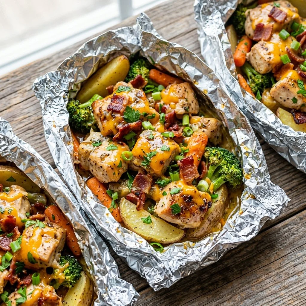 Ranch chicken foil packets ready for grilling, with colorful vegetables and seasonings.