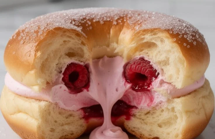 Freshly baked Raspberry Cream Brioche Donuts on a plate