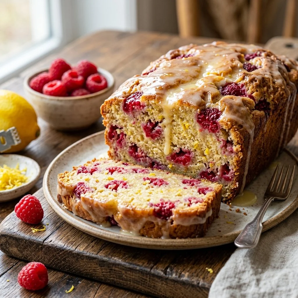 Loaf of raspberry lemon bread with fresh raspberries and lemon slices