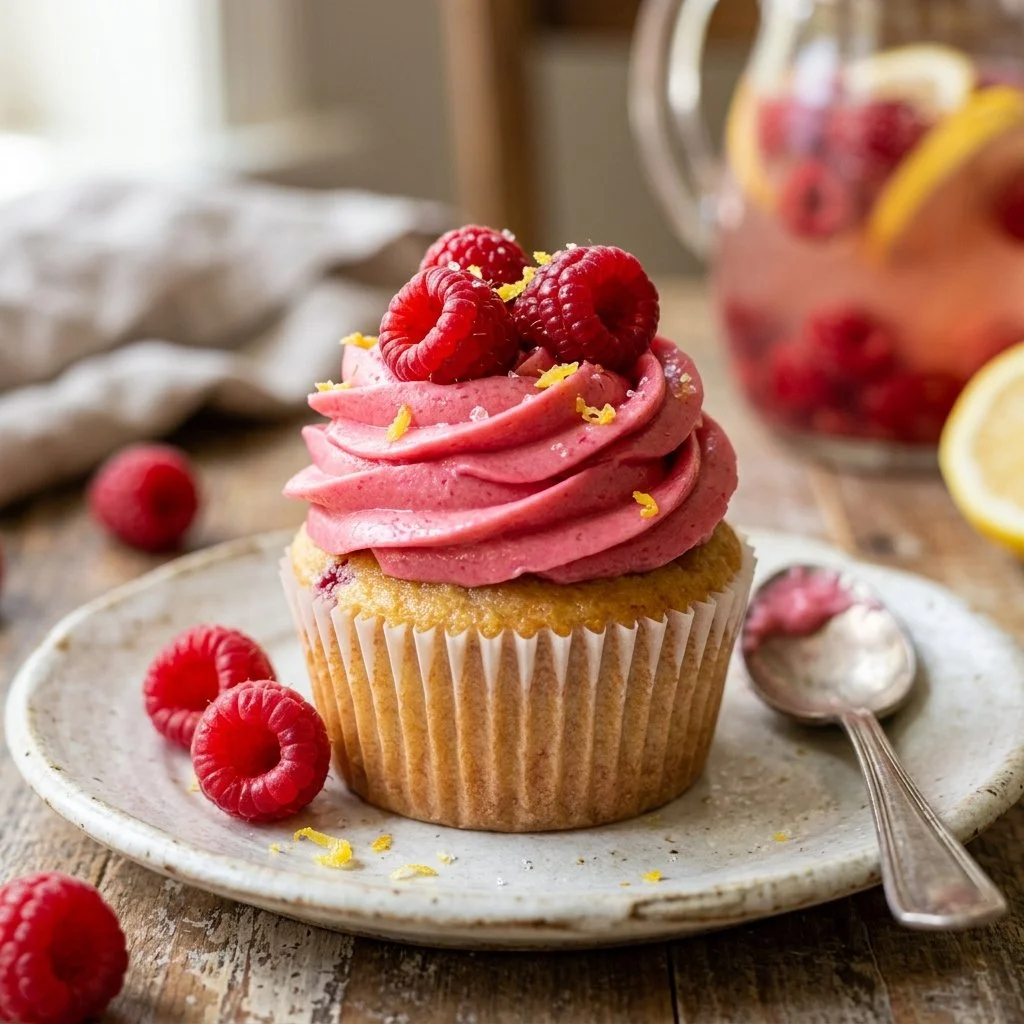 Delicious Raspberry Lemonade Cupcakes topped with raspberry frosting
