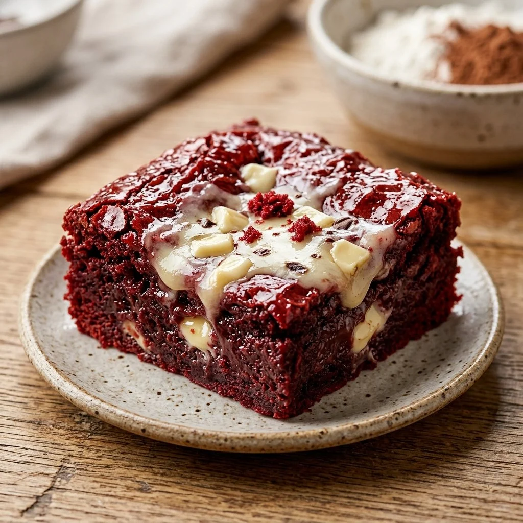 Delicious Red Velvet Brownies topped with cream cheese frosting