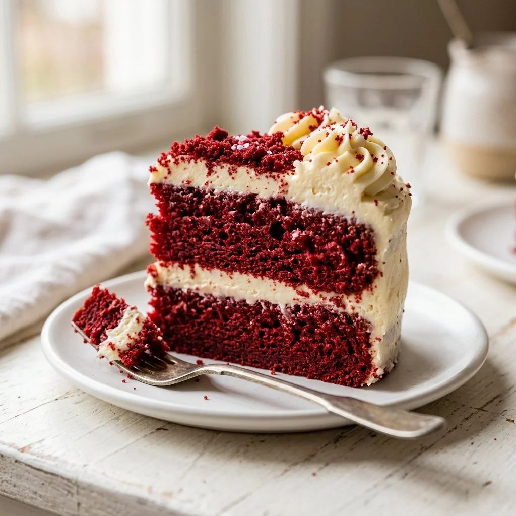 Slice of delicious Red Velvet Cake with cream cheese frosting and decorative sprinkles
