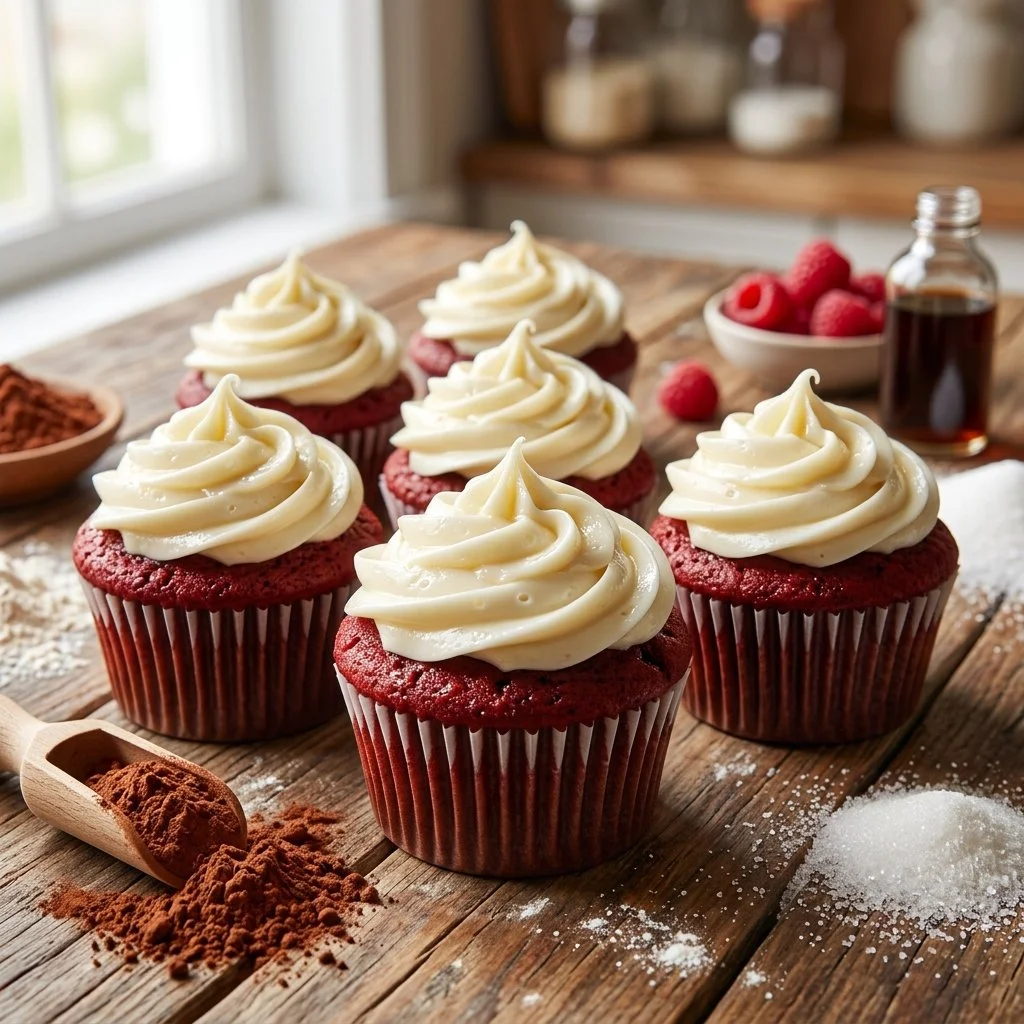 Delicious red velvet cupcakes with cream cheese frosting on a wooden table
