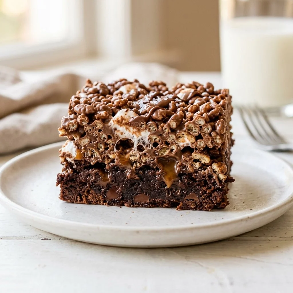 Delicious Rice Krispie Brownie Bars on a plate, ready to enjoy.