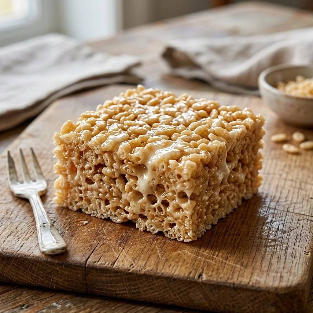 Homemade Rice Krispie Treats stacked on a plate