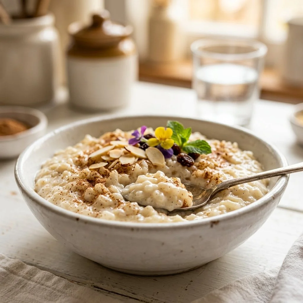 Bowl of creamy rice pudding topped with cinnamon