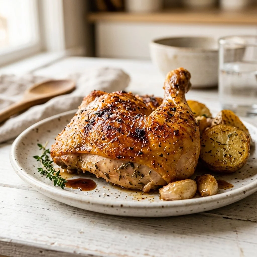 Deliciously roasted chicken on a plate, garnished with herbs.