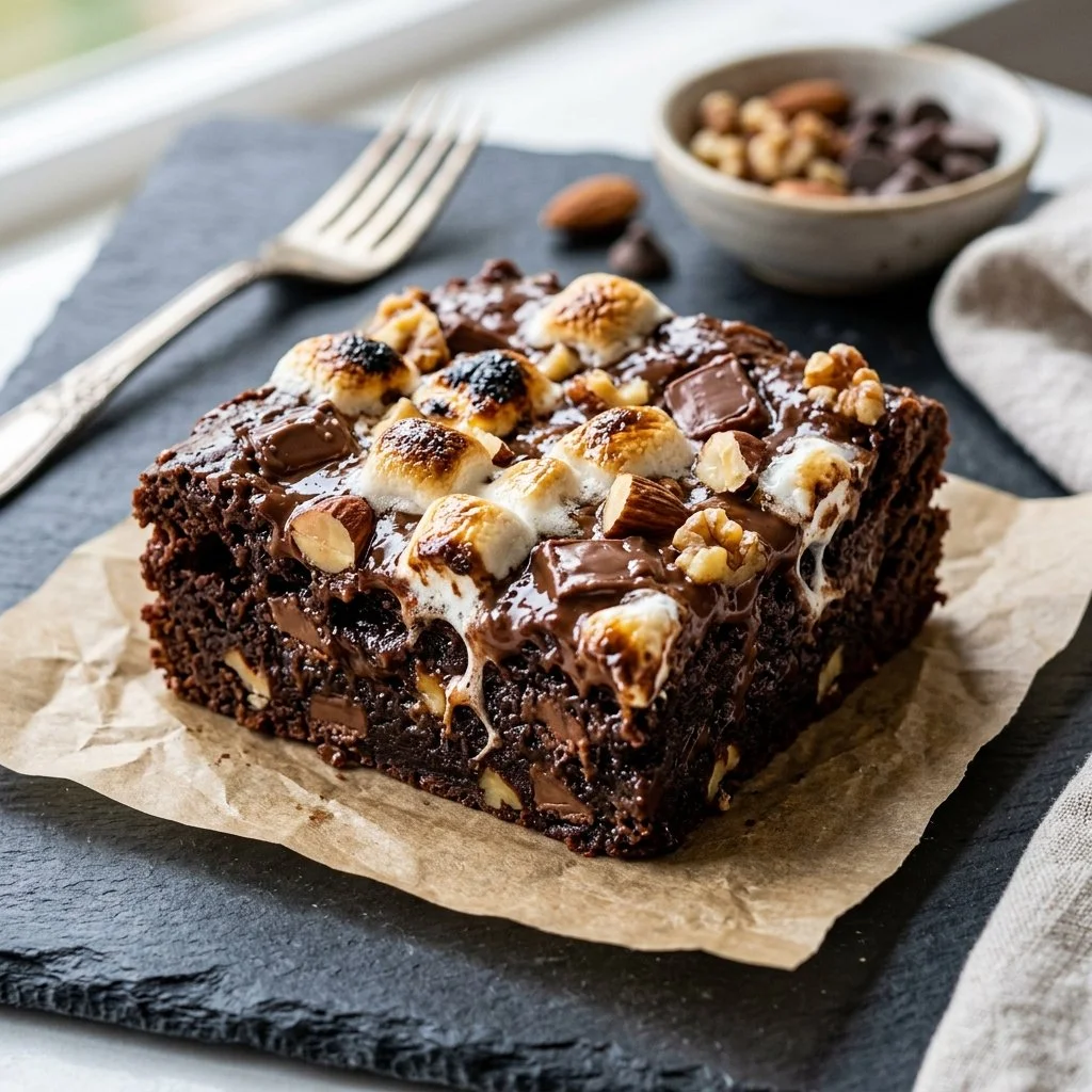 Delicious Rocky Road Brownies topped with marshmallows and nuts.