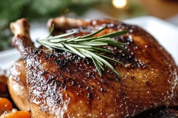 Delicious rosemary garlic roasted duck on a serving platter