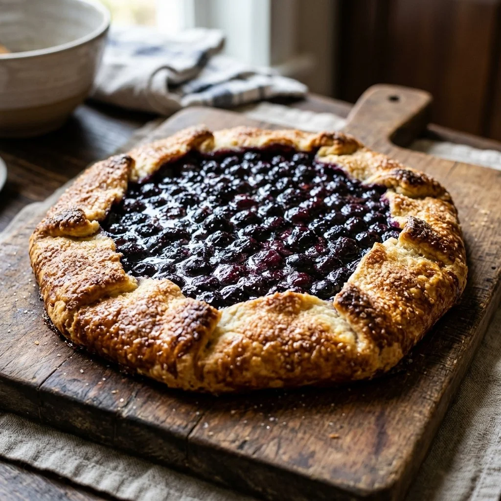 Rustic blueberry galette with fresh blueberries and golden crust