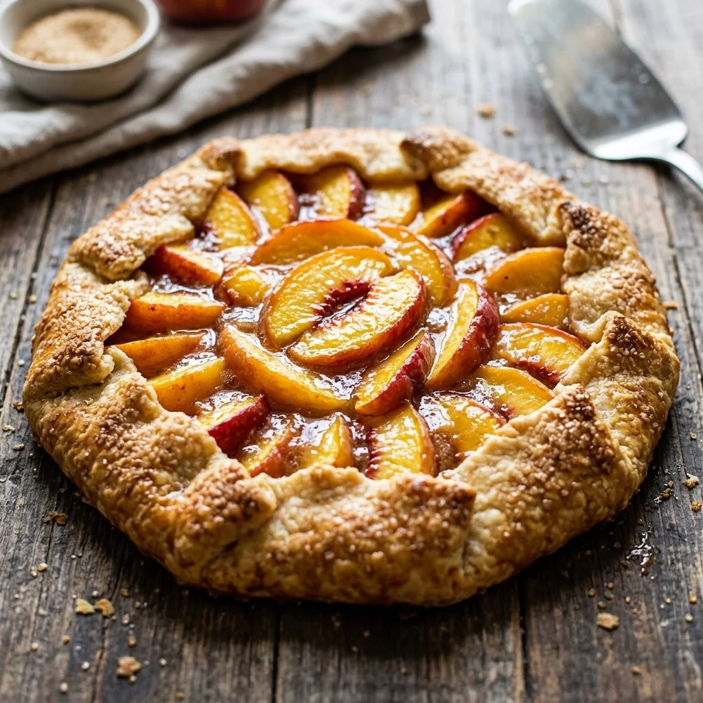 Delicious slice of Rustic Peach Galette with fresh peaches and flaky crust
