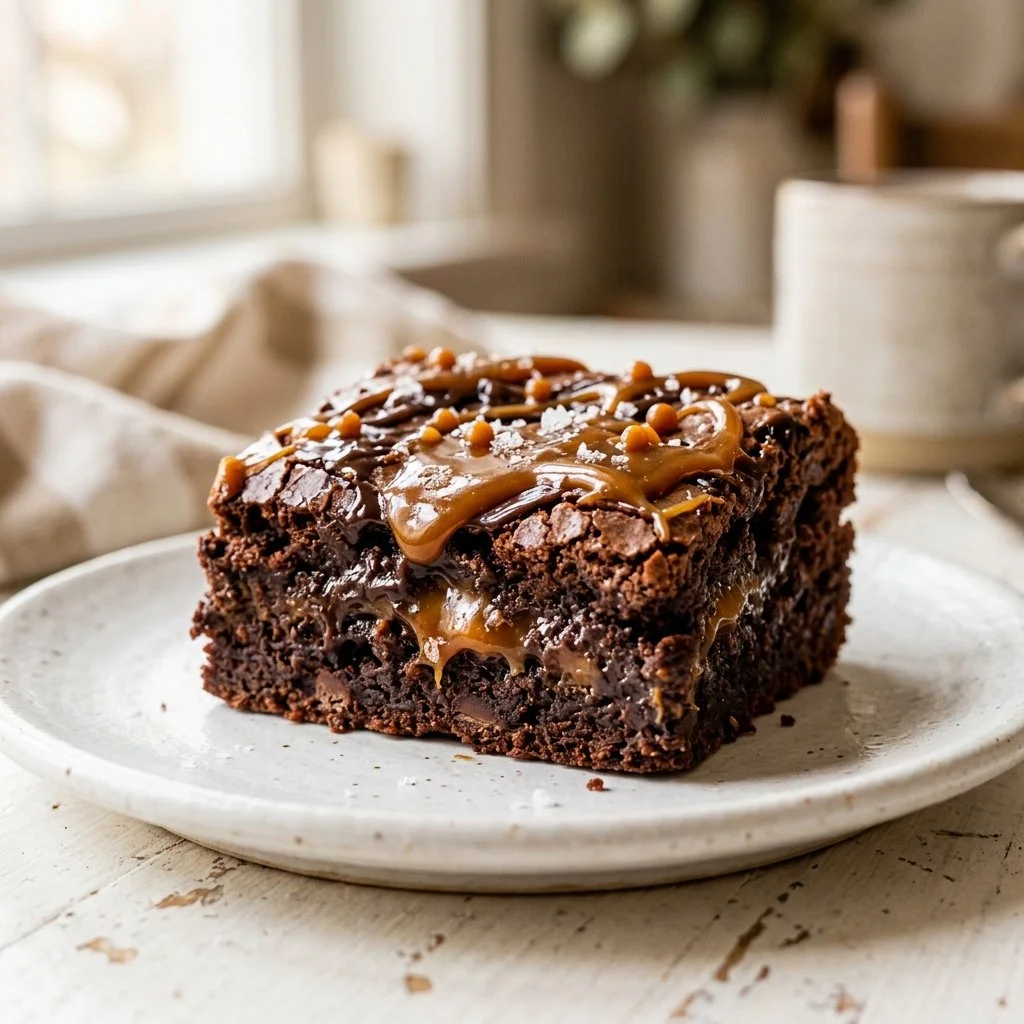 Delicious homemade salted caramel brownies on a white plate.