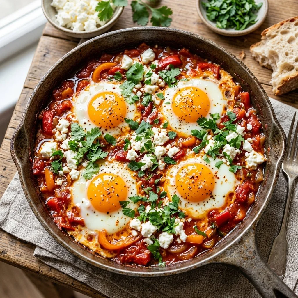 Delicious Shakshuka with Feta served in a pan, garnished with herbs.