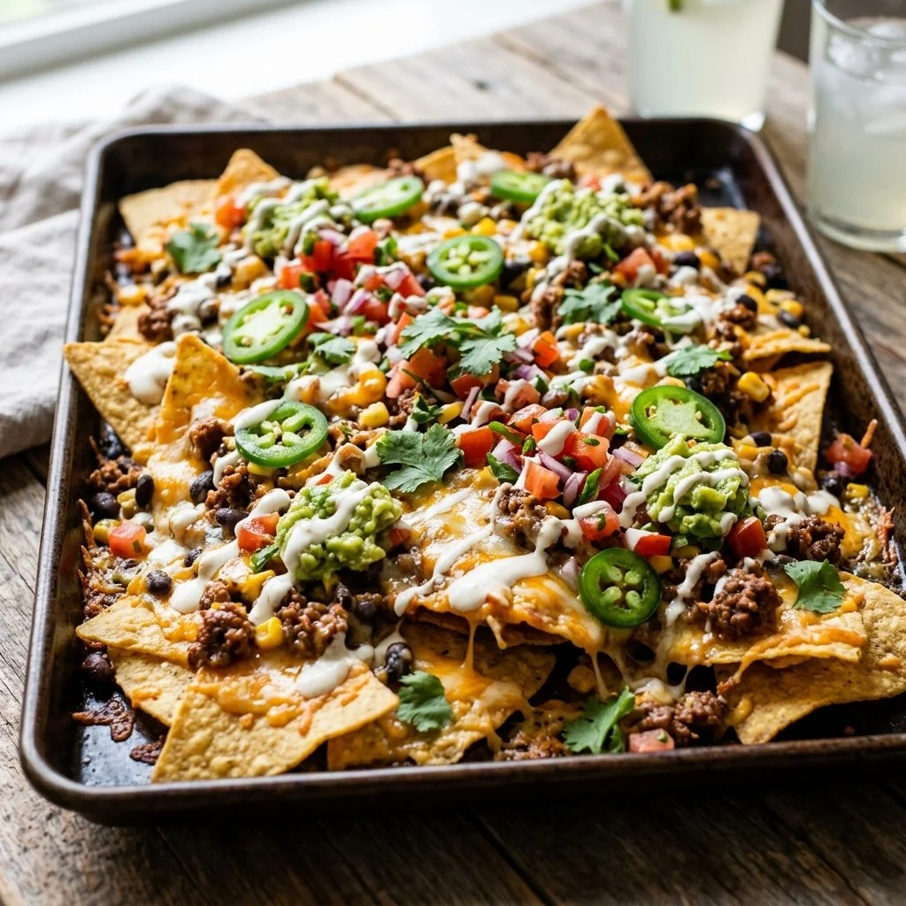 Delicious Sheet Pan Nachos loaded with cheese and toppings