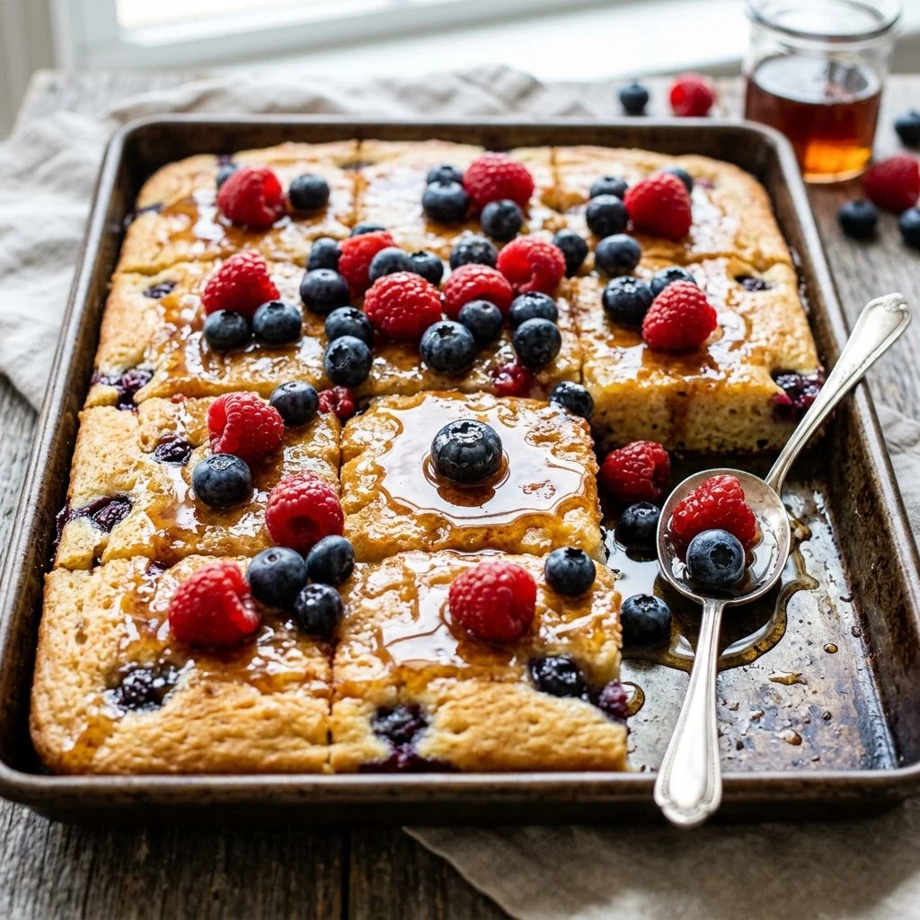 Delicious sheet pan pancakes fresh from the oven, perfect for easy breakfast.