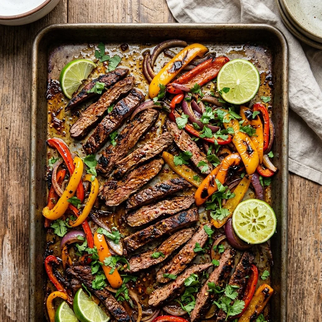 Delicious sheet pan steak fajitas with vibrant peppers and onions ready to serve