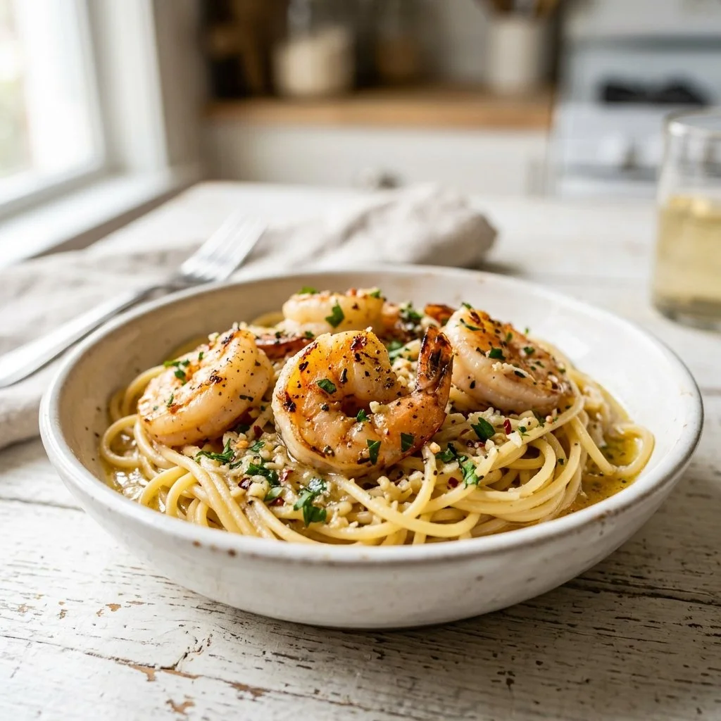 Delicious shrimp scampi with garlic butter sauce and fresh parsley served on a plate.