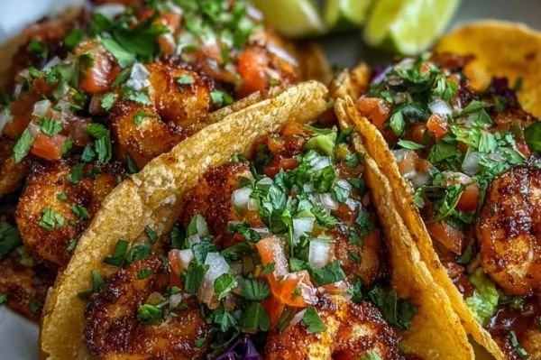 Delicious shrimp tacos topped with fresh ingredients and served in corn tortillas