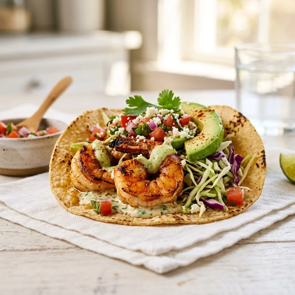 Delicious shrimp tacos with vibrant toppings and fresh ingredients