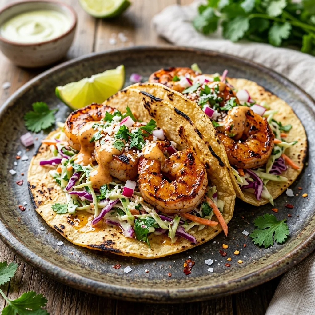 Delicious shrimp tacos topped with fresh slaw and served in warm tortillas.
