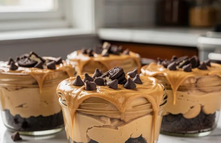 Silky peanut butter cheesecake cups with a creamy texture and chocolate drizzle.