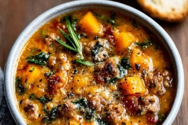 A bowl of slow cooker butternut squash and sausage soup garnished with herbs