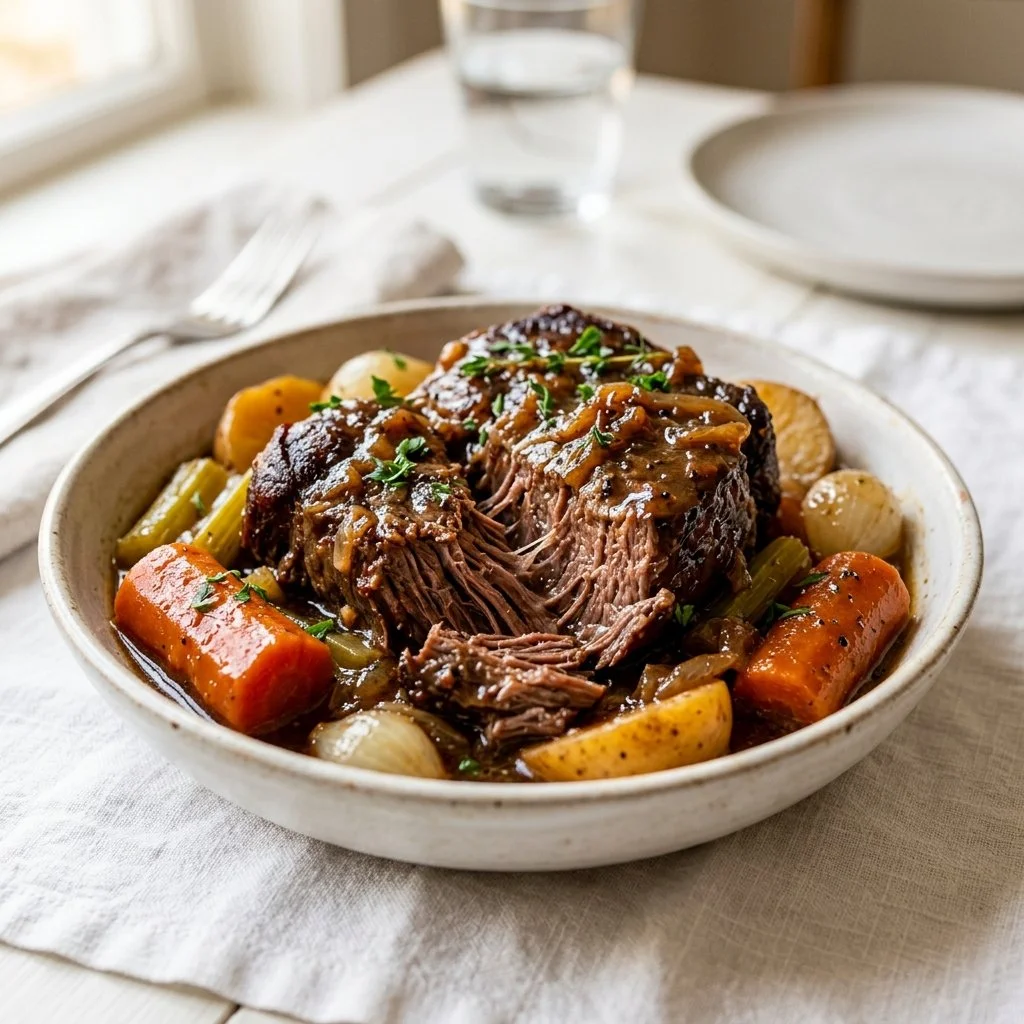 Delicious slow cooker pot roast served with vegetables and gravy