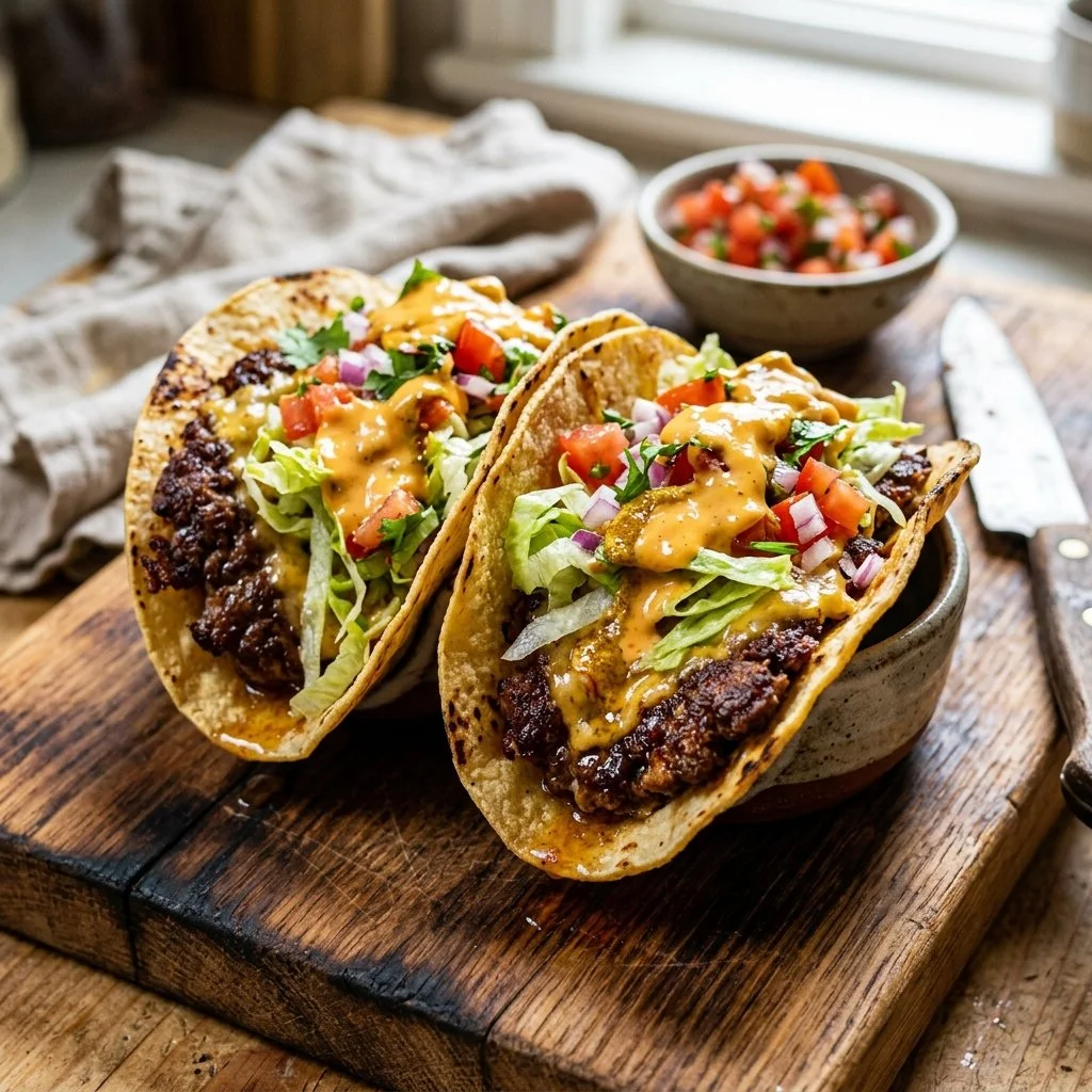 Delicious smash burger tacos served with fresh toppings and sauces.