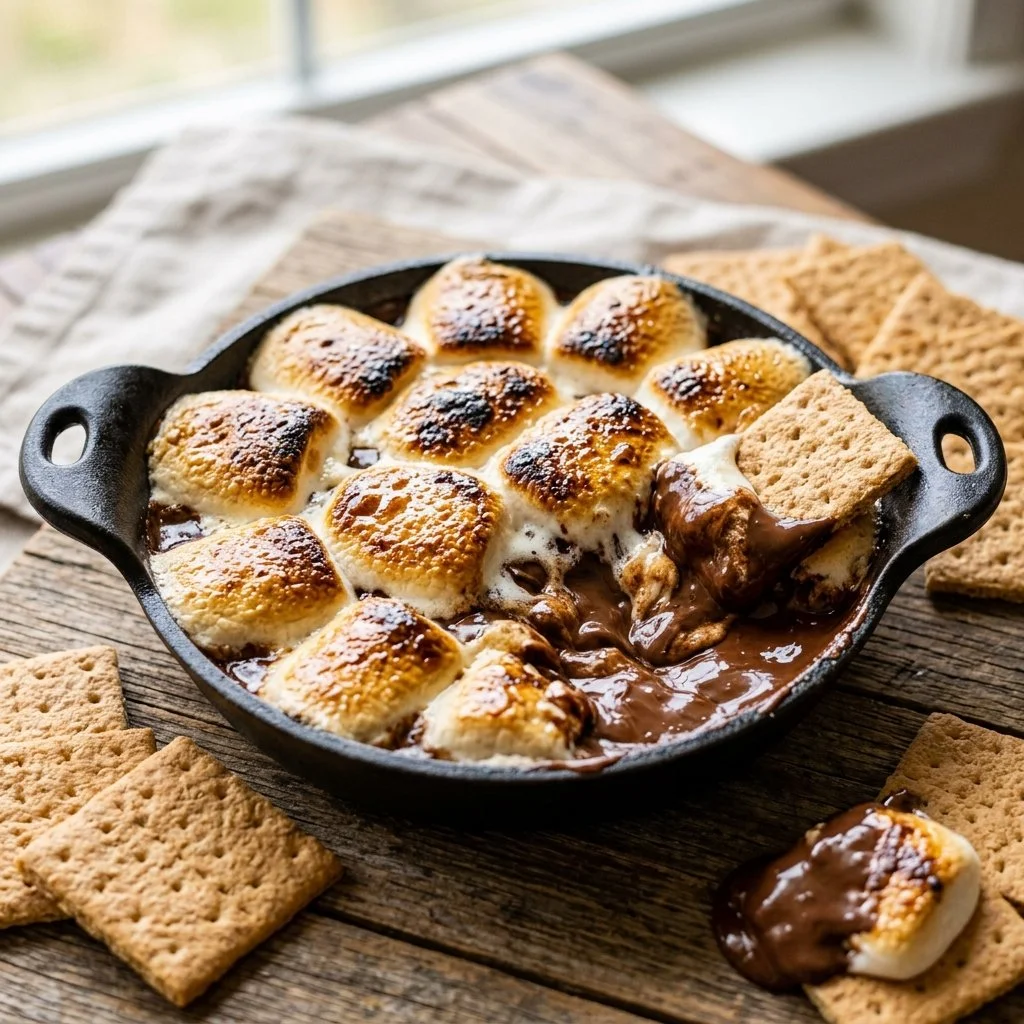 Delicious S'mores Dip with chocolate, marshmallows, and graham crackers ready to serve