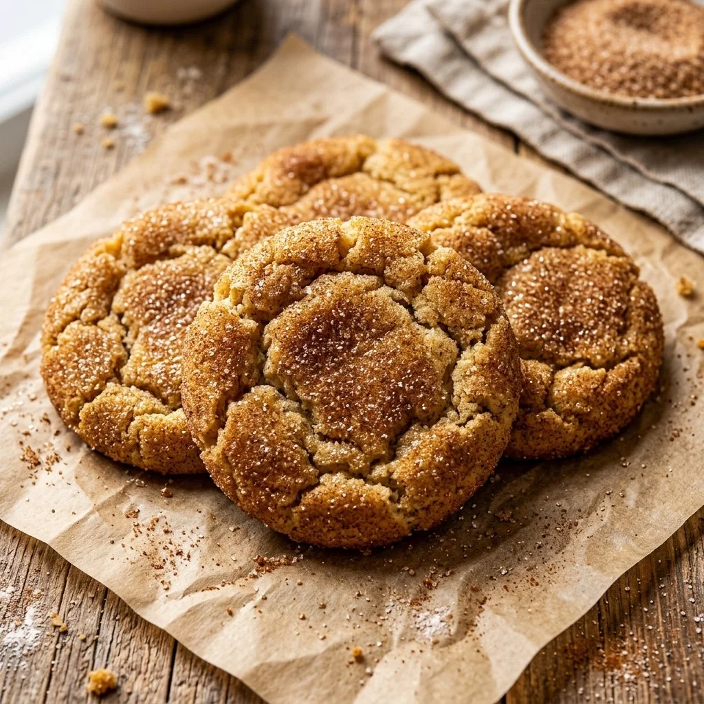 Batch of homemade snickerdoodle cookies with cinnamon sugar topping