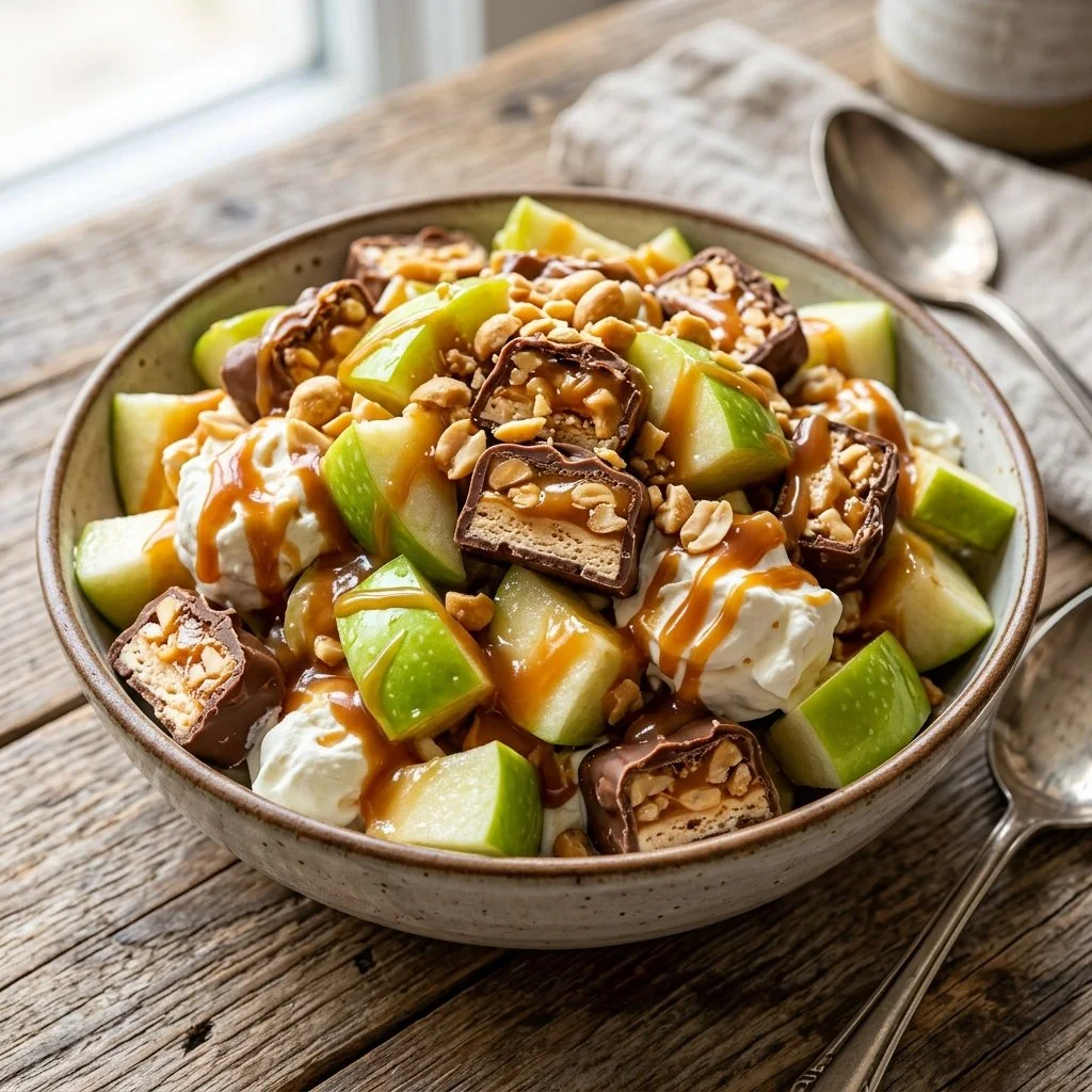 A delicious bowl of Snickers Salad with chocolate, apples, and whipped cream
