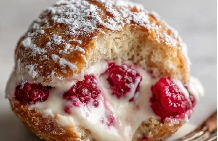 Homemade soft raspberry cream donut holes sprinkled with powdered sugar