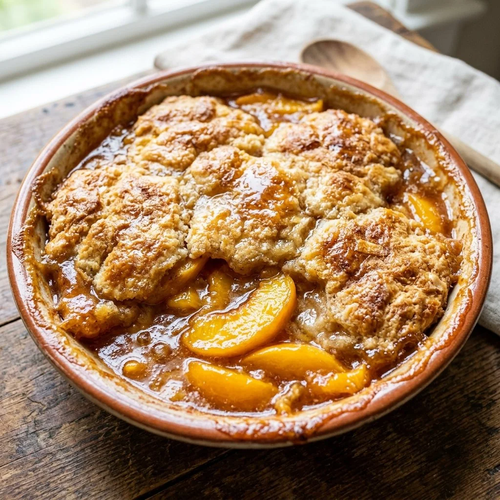 Southern Peach Cobbler with fresh peaches and golden crust